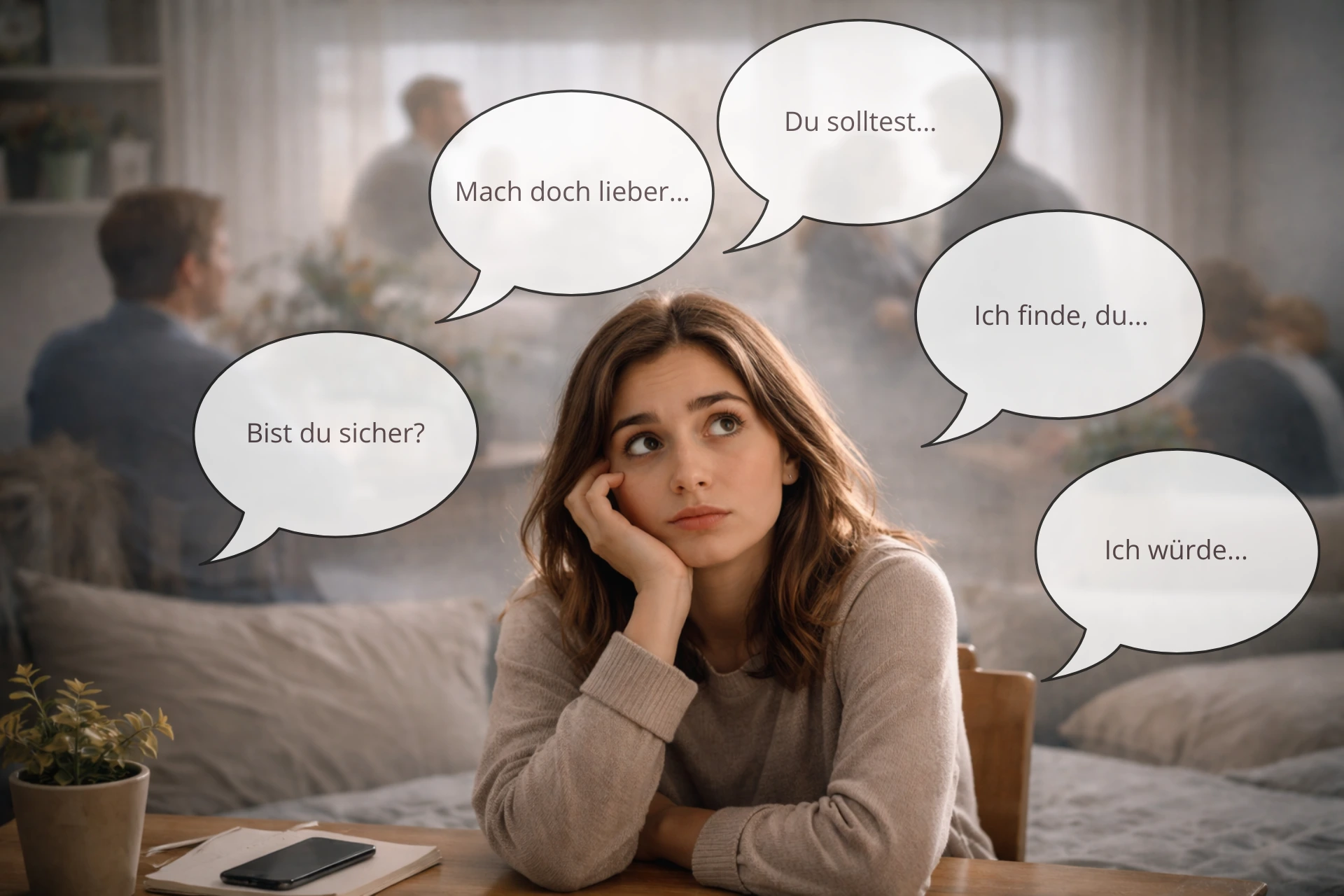 Frau wirkt unsicher und ist von vielen Meinungen umgeben – Thema bei sich bleiben und innere Klarheit.