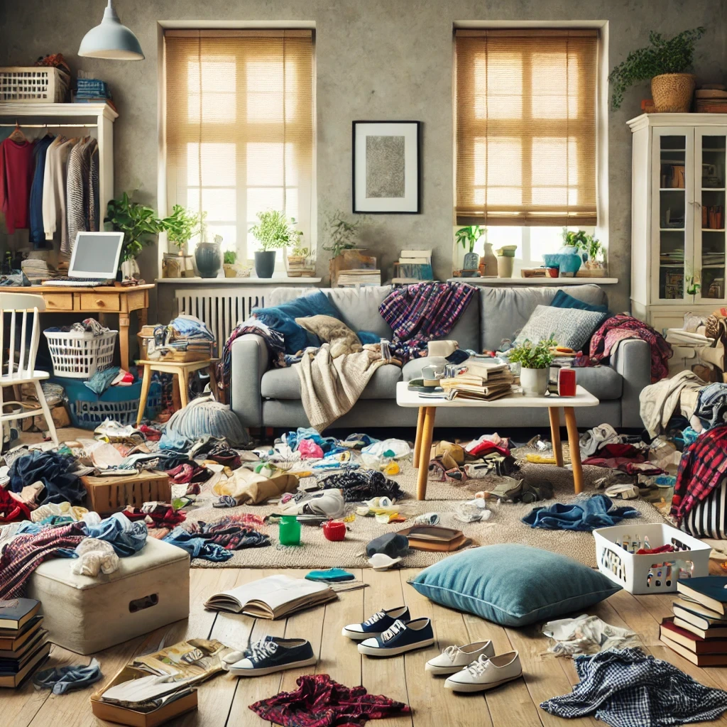 Ein chaotisches Wohnzimmer, das Stress verursacht.