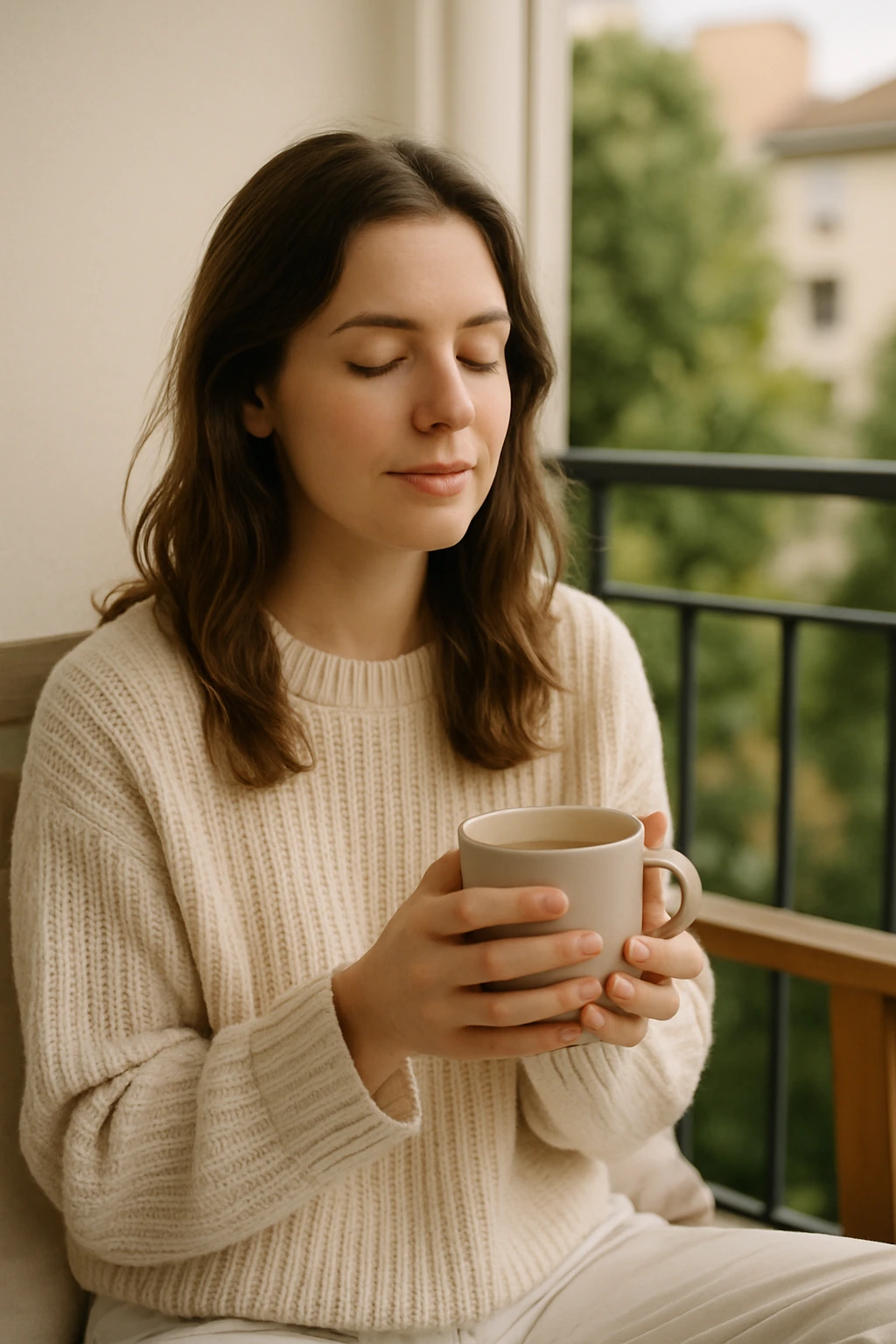 Eine Frau sitzt mit einer Kaffeetasse in der Hand auf dem Balkon.
