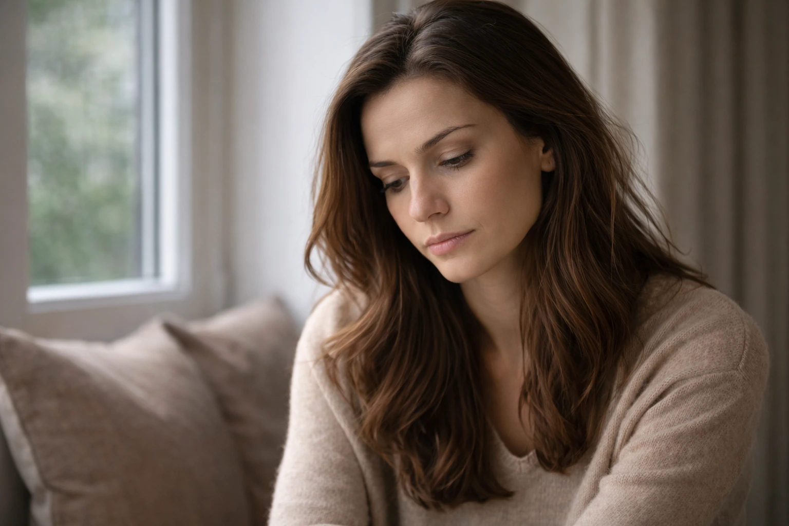 Nachdenkliche Frau blickt ruhig nach unten und wirkt innerlich getroffen.