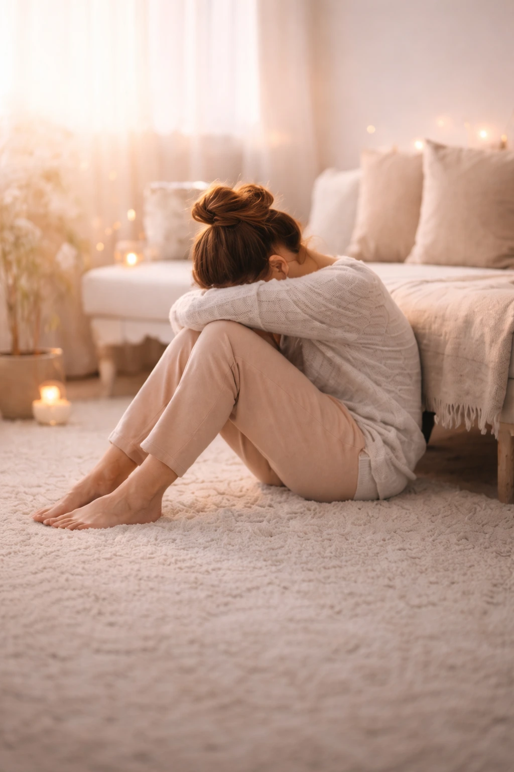 Eine Frau wirkt erschöpft und überfordert im Alltag.