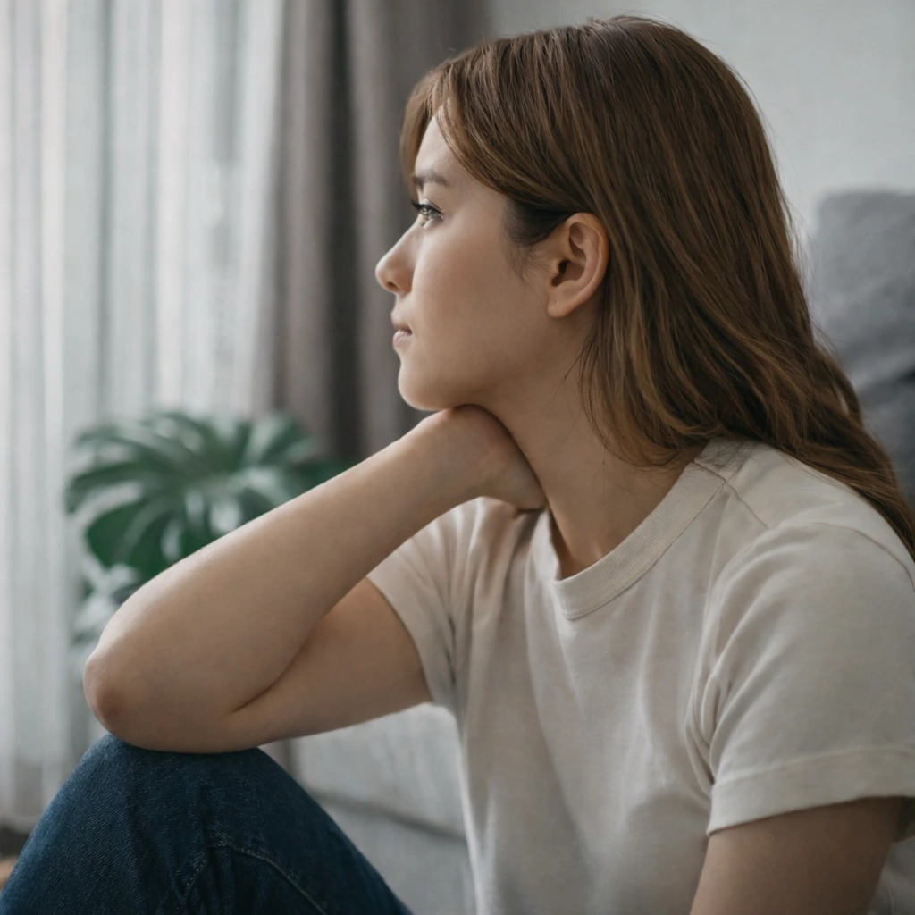 Nachdenkliche Frau schaut aus dem Fenster und denkt über ein Gespräch nach.