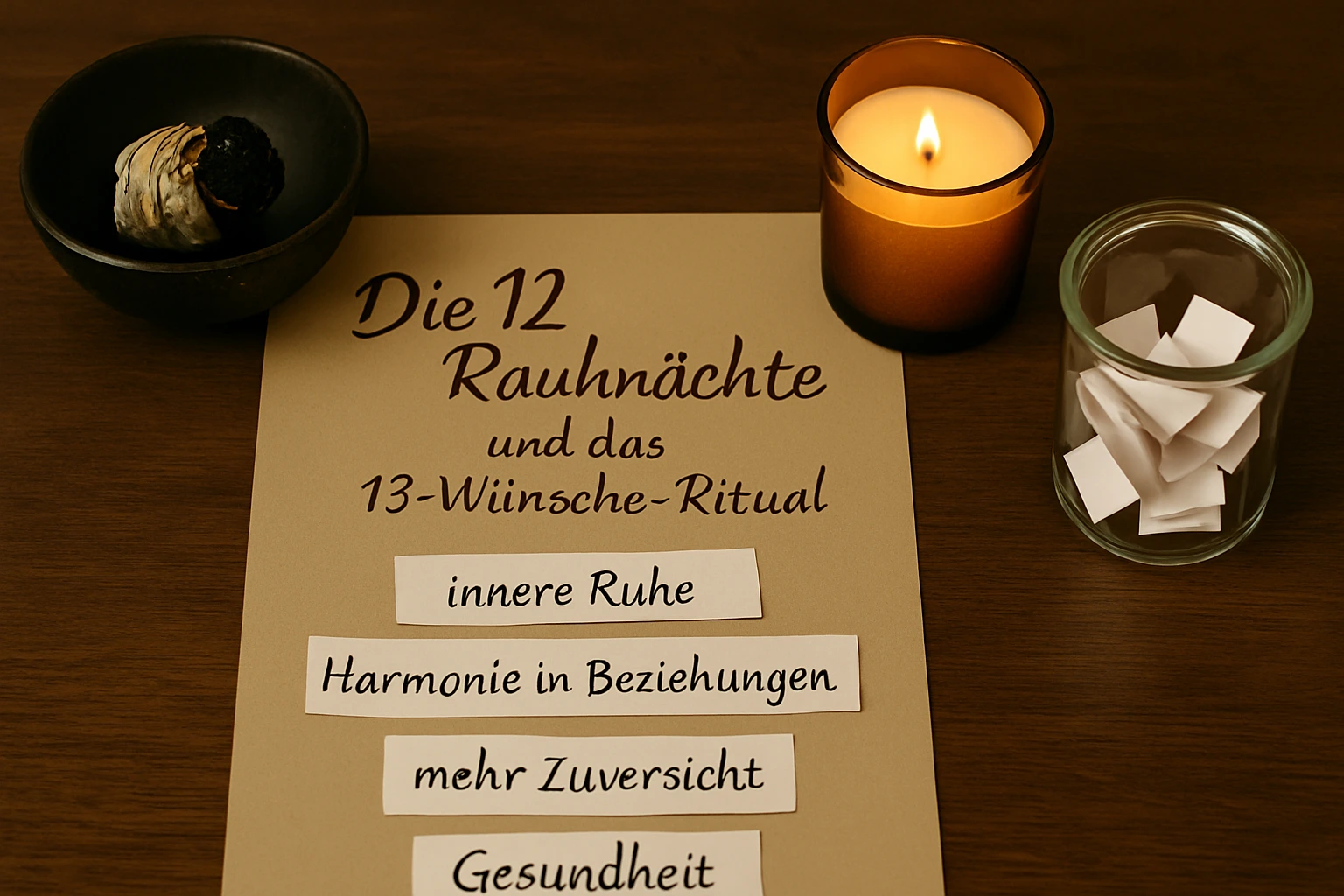Notizzettel mit 13 Wünschen, Kerze und Räucherschale – Inspiration für dein Rauhnächte-Ritual.