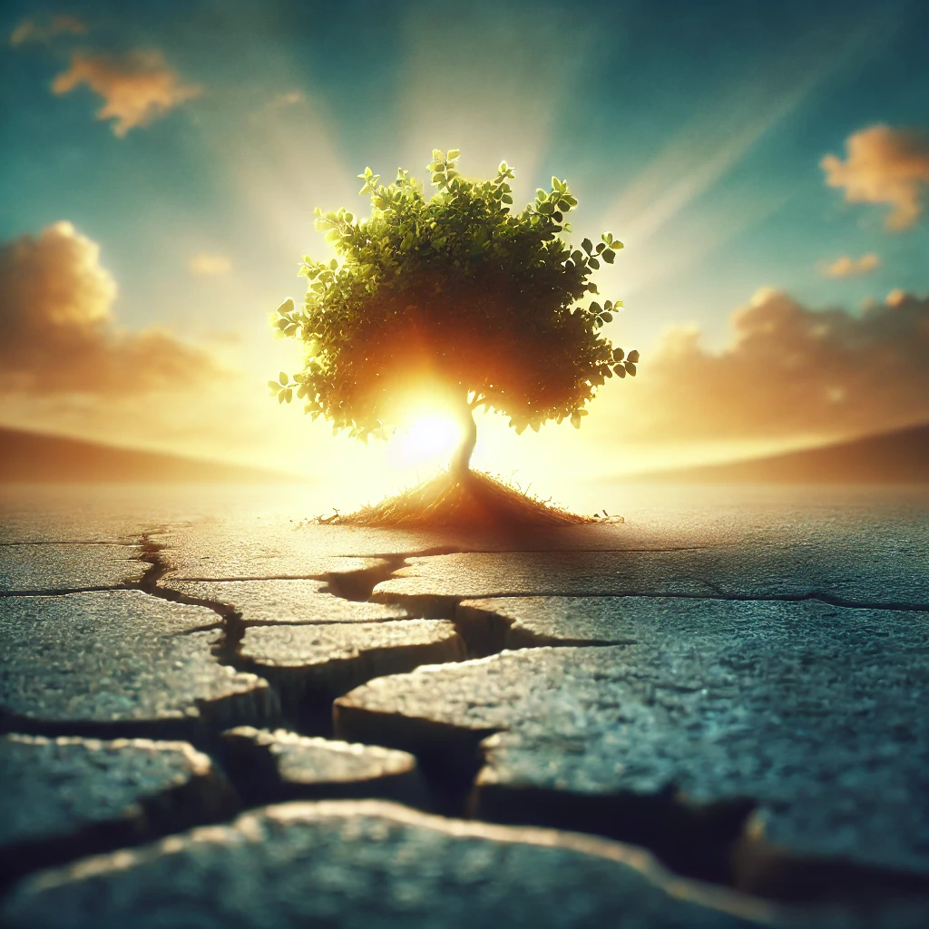 Symbol für Resilienz: Ein kleiner Baum wächst durch rissigen Asphalt – Sinnbild für innere Stärke und mentale Widerstandskraft.