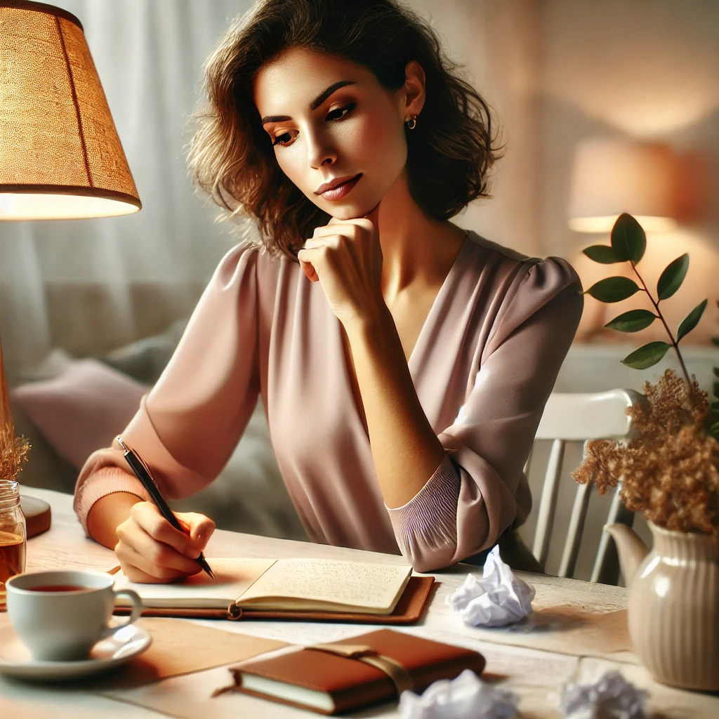 Eine selbstbewusste Frau sitzt an einem Schreibtisch, schreibt in ein Journal um zu reflektieren und Lösungen zu finden.