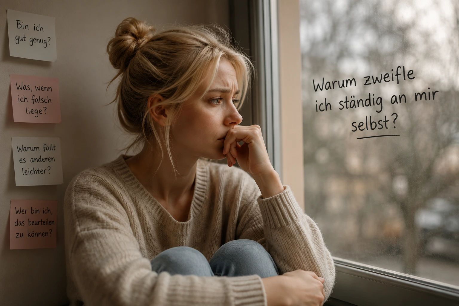 Blonde Frau sitzt nachdenklich am Fenster und zweifelt an sich selbst. Symbolbild für Selbstzweifel, Unsicherheit und mangelndes Selbstvertrauen.