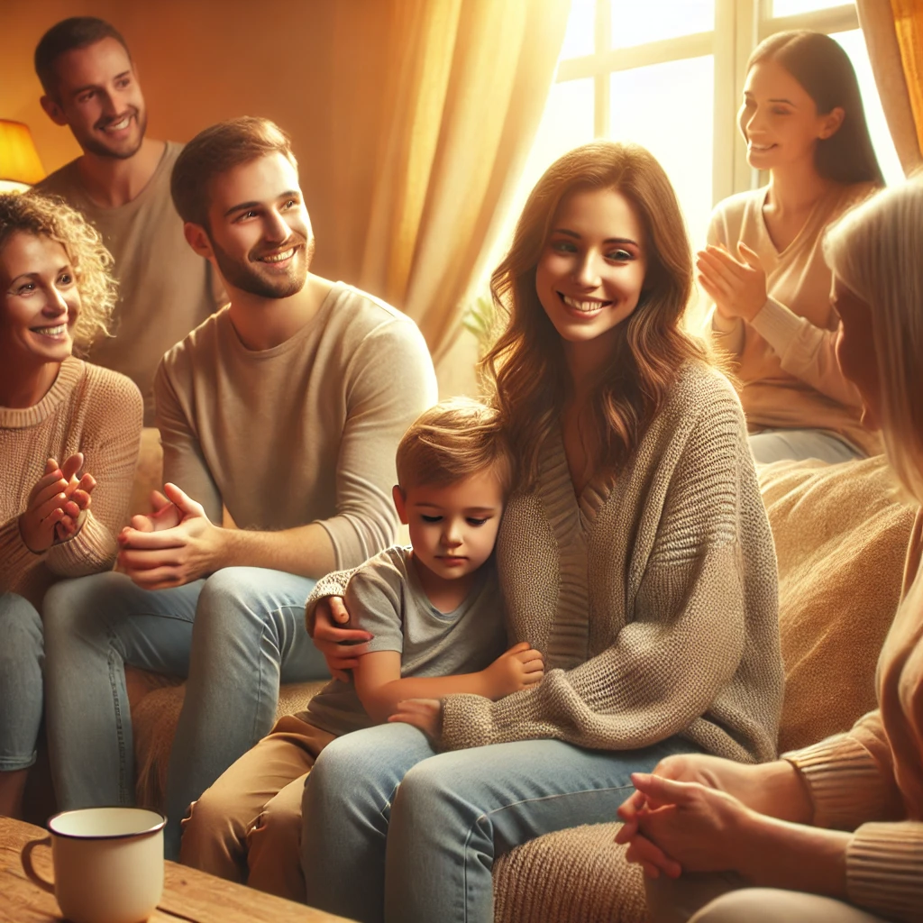 Familie und Freunde sitzen zusammen auf dem Sofa und bilden ein soziales Netzwerk.