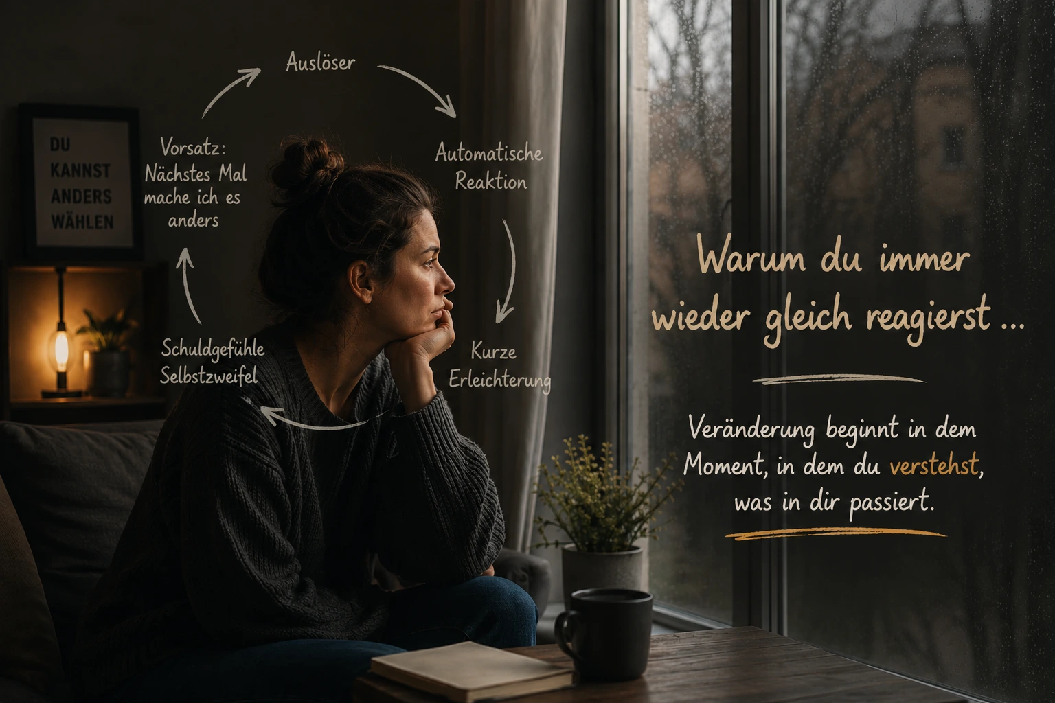 Nachdenkliche Frau am Fenster erkennt wiederkehrende Verhaltensmuster und versteht, warum sie in bestimmten Situationen immer wieder gleich reagiert.