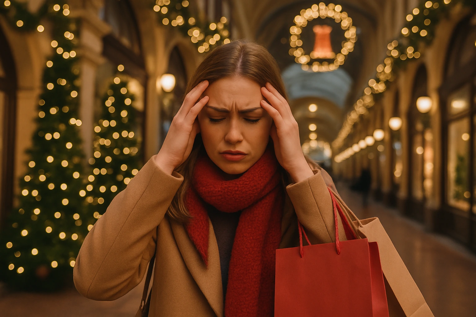 Eine gestresste Frau in einer weihnachtlich geschmückten Einkaufspassage.
