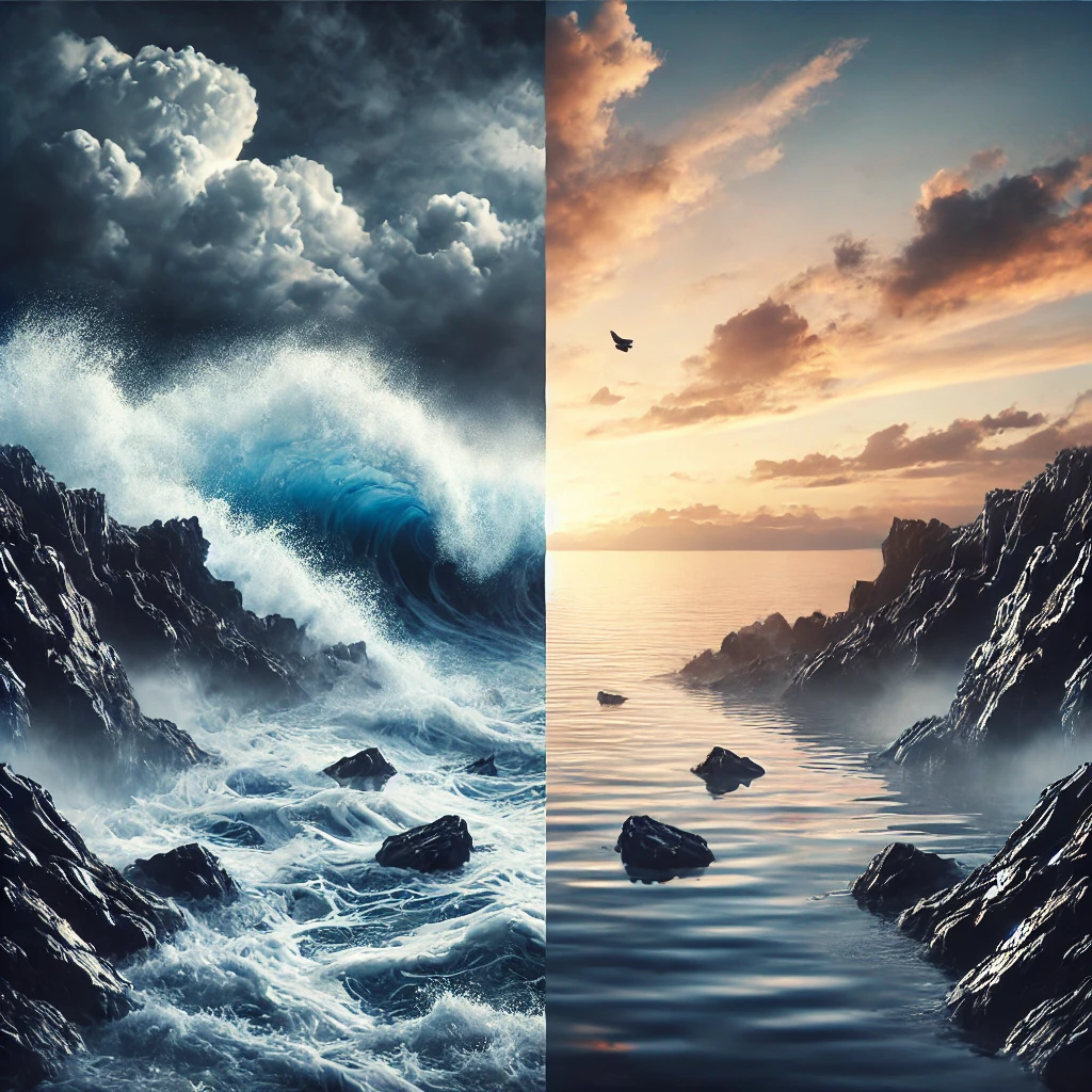 Zwei Klippen gegen die das Meer schlägt, die eine aufgewühlt als Zeichen für Widerstand, die andere Ruhig als Zeichen für Akzeptanz.
